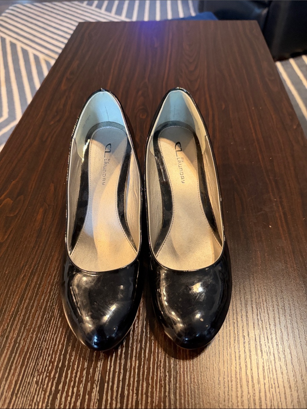 CL by Laundry Black Patent Round-Toe Heeled 3" Wedges